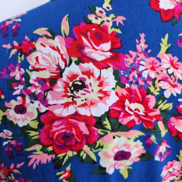 Women's Blue Pink Floral Rayon Cotton Mini Robe Kinomo One Size OS - Picture 8 of 12